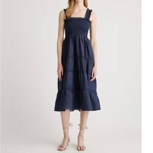 New Quince Women’s Deep Navy Organic Cotton Poplin Smocked Midi Dress XS 4042-80